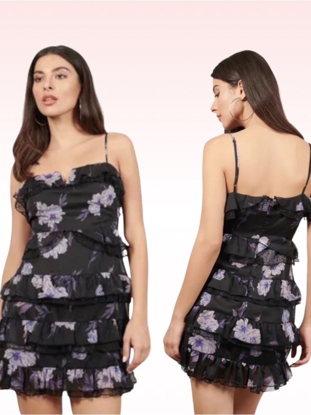TOBI Irma Black & Purple Floral Ruffled Tiered Mini Dress (Sz
